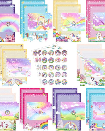 TaoBary 160 Pcs Stationery Paper Set 50 Double Sided Stationery Papers with 50 Matching Envelopes and 60 Round Dot Sticker, 10 Design(Unicorn,5.5 x 8.25 Inch)