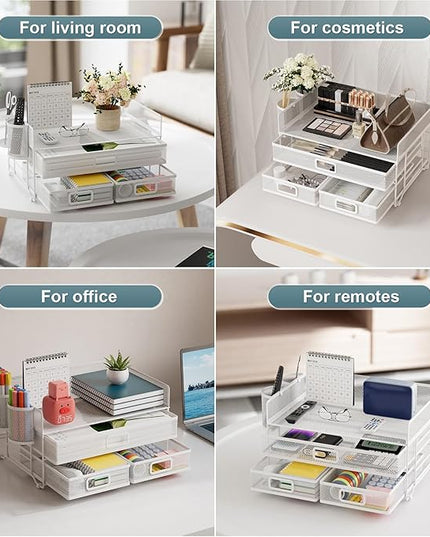 Marbrasse 3 Tier Mesh Desk Organizer with Drawer, Multi-Functional Desk Organizers and Accessories, Paper Letter Organizer with 2 Pen Holder for Home Office Supplies - White