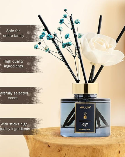 Airkeep Flower Reed Diffusers Set, 5.07 oz Ocean Mist Scented Oil Diffuser with 8 Reed Sticks, Home Fragrance Diffuser Gift Set for Bathroom & Office Decor 150ml