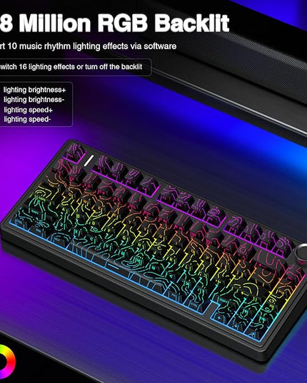 AULA F75 Pro Wireless Mechanical Keyboard with Knob,75% Hot Swappable Custom Gaming Keyboards,RGB Backlit,Pre-lubed Switches,Side Printed PBT Keycaps Creamy Sounding Computer Keyboard, Line Black