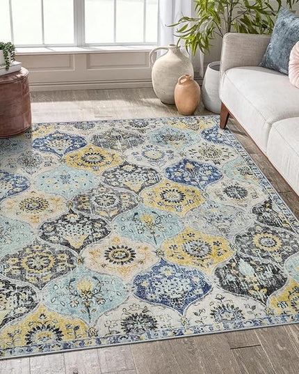Lahome Moroccan Trellis Washable Small Area Rug, 3x5 Area Rug for Bedroom Living Room, Non-Slip Oriental Accent Throw Carpet for Kitchen Office Entryway Bathroom Office, Yellow/Aqua