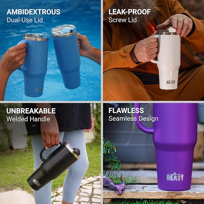 Beast 42 oz Tumbler with Handle Stainless Steel Vacuum Insulated Coffee Ice Cup Double Wall Travel Flask (Matte Black)