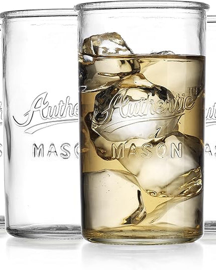 Glaver's Drinking Glasses – Set of 4 Authentic Mason Vintage Glassware – Clear Glass Tumblers for Cocktails, Water, Juice – Embossed Vintage Drinking Glasses (Highball 18 oz 7983)
