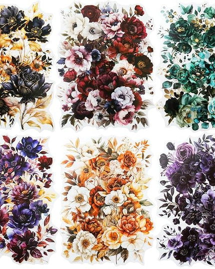 AuriicLeaf Blooming in The Dark Night PET Stickers, 120 Pcs Gothic Dark Floral Stickers for Scrapbooking, Journaling, Collage Supplies, and DIY Crafts