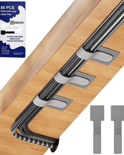 80PCS Hook and Loop Cable Ties, Hook and Loop Cable Straps, Under Desk Cable Management, Adhesive Cable Clips, Sticky-Back Cord Organizer for Desk, Household & Office Organization (Gray)