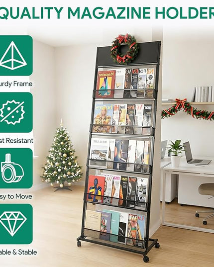 5 Layer Floor Magazine Rack Stand, 70"×27×13.6" Brochure Display Stand with 4 Universal Wheels, Detachable Magazine Display withTop Billboard, for Exhibitions, Shopping Malls, Hospitals, Offices