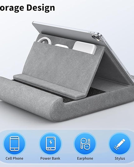CreaDream Tablet Pillow Stand, Foldable Tablet Holder for Lap, Bed and Desk, Soft Pillow Pad with Pocket and Stylus Mount, for 4-13" Tablets, Like iPad Pro 11, 13, Air, Mini, Kindle, Galaxy Tab, Grey