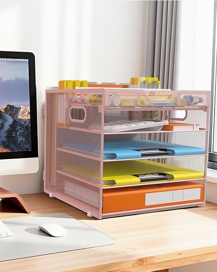 Docnest 5 Tier Letter Tray with Hanging File Organizer-Mesh Desk Organizer-Desktop Storage Box Built in Pen Holder and Handles, File Folder Holder for Mail Documents Office Supplies-Pink