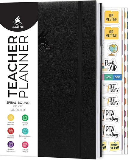 Clever Fox Teacher Planner Spiral – School Year Planner with Calendars & Lesson Plans – Teacher Plan Book for Classroom & Homeschool Organization - Undated, 7.9x10″ (Black)