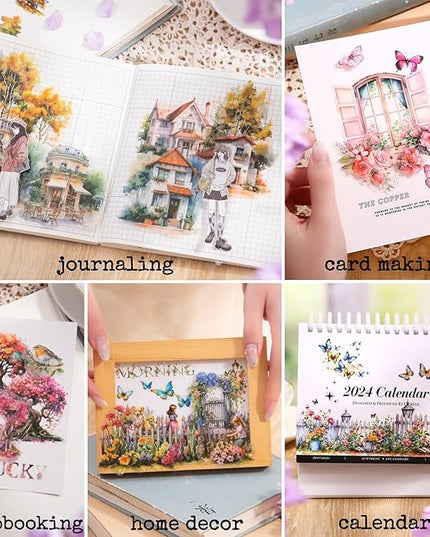 Knaid Scenery Sticker Set (490+ Pieces, 80 Sheets) 4 Pack Sticker Books Blooming Windows, Garden Houses, Enchanted Forest, Garden Fences Journaling Stickers for Scrapbook Bullet Junk Journals Planner