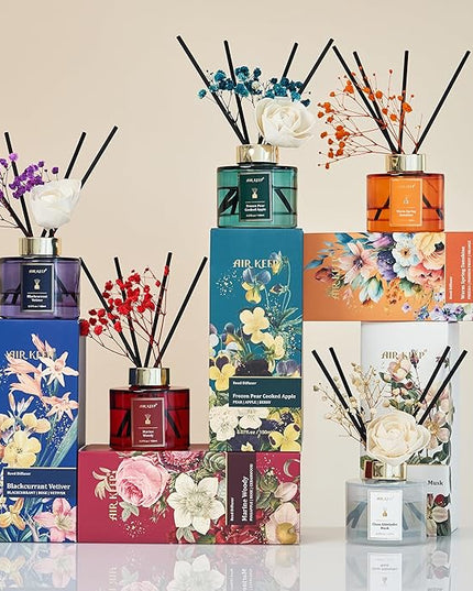 Airkeep Flower Reed Diffusers Set, 5.07 oz Freesia/Passion Fruit/Orange Scented Oil Diffuser with 8 Reed Sticks, Home Fragrance Diffuser Gift Set for Bathroom & Office Decor 150ml