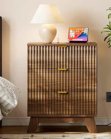 BORNOON 30.5" Nightstand with Charging Station, 3-Drawer Fluted Bedroom Chest, Wood Bedside Dresser with Power Outlets and USB Ports, Stable Base, Modern Storage Cabinet for Small Spaces