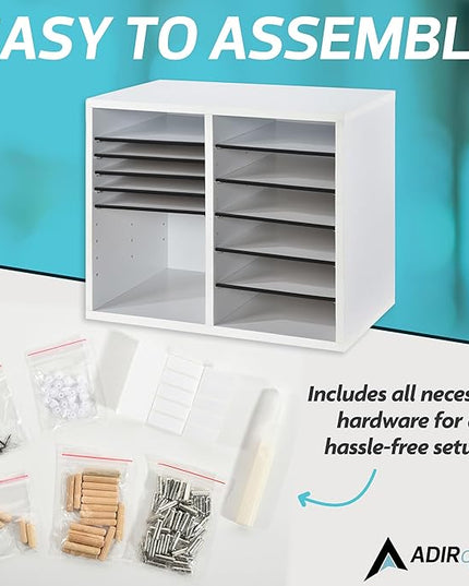 AdirOffice Wooden Adjustable Literature Organizer, 12 Compartment Office Mailbox, or Classroom Literature Organizer, White