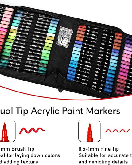 100 Colors Acrylic Paint Markers, Dual Tip with Fine Tip and Brush Tip Pens for Stone, Wood, Calligraphy, Canvas, Ceramic, Metal, Glass, Rock Painting, DIY Crafts Art Supplies Kit