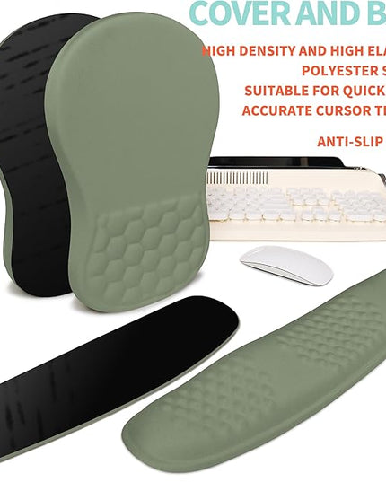 2-in-1 Ergonomic Set, Wave Rise Keyboard Wrist Rest and Massage Bulge Slope Mouse Pad Wrist Support, Cushion Memory Foam Integrated to Relieve Wrist Pain, Olive Green