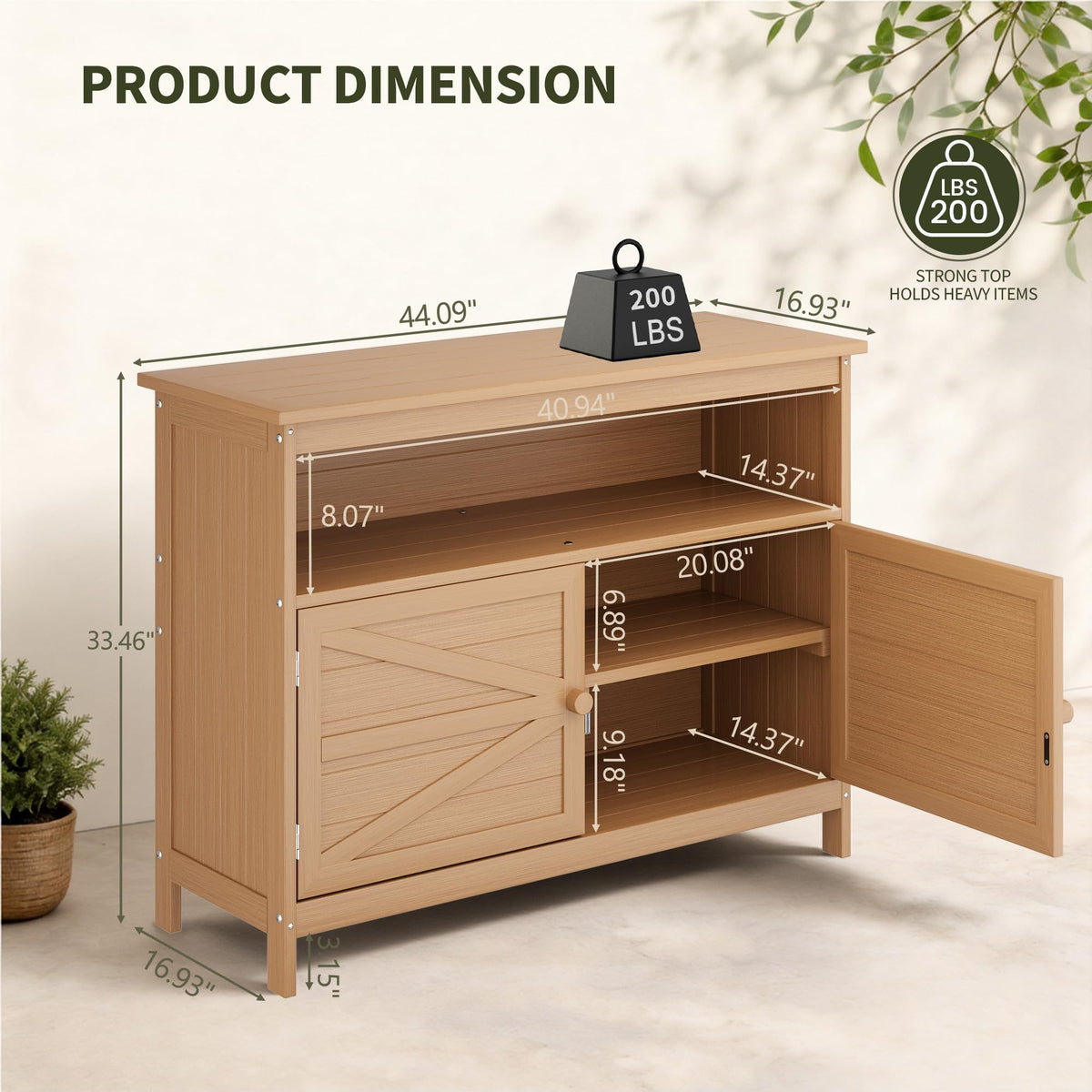 Congfutt HIPS All-Weather Outdoor Storage Cabinet,Outdoor Sideboard with Magnetic Doors,3-Shelves Patio Storage Cabinet, Used for Garden,Buffet Cabinet,TV Stand, Bar Table,Balcony