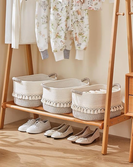 Storage Bins Woven Baskets for Storage Set of 3, Cotton Rope Basket with Handles for Toys/Shelves/Laundry, Rectangle Multi-Purpose Organizer for Living Room, Bedroom, Nursery (White/Beige)