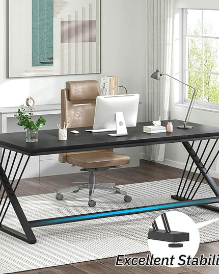 FOLUBAN 70.9" Black Computer Desk, Modern Home Office Desk, Large Gaming Workstation Executive Desk with Z-Shaped Legs, 2 Person Large Study Writing Table for Bedroom