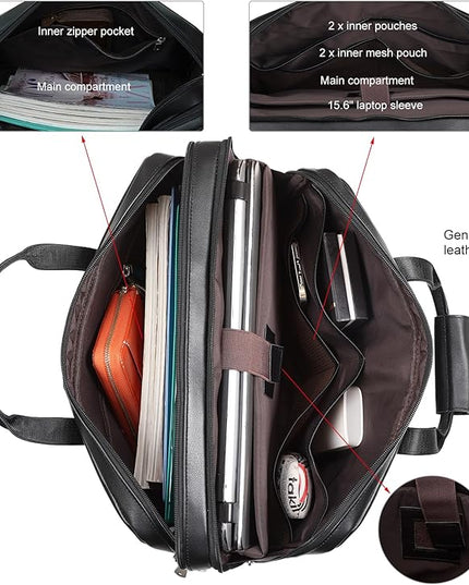 Masa Kawa Leather Briefcase for Men 17/15.6" Laptop Crossbody Shoulder Messenger Bag Business Travel Work Attache Case