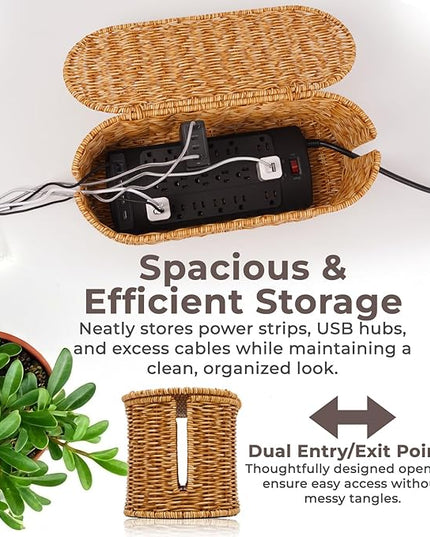 Cable Management Box, Handmade Rattan Cable Organizer, 2 Open Slots Cords Hider Box, Under Desk Cord Organizer for Computer Router USB Hub & Power Strip, Patent Pending, 15.9" x 6.5" x 6.5", Natural