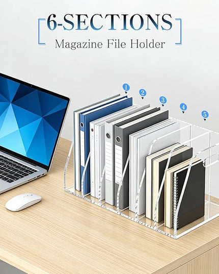 6-Tier Clear Acrylic File Holder, Vertical Document Organizer for Magazines, Binders, Notebooks & Envelopes - Multi-Purpose Desk Storage for Home Office（B5,6 Sections）