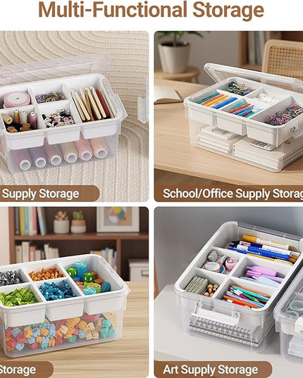 40Qt Stackable Storage Bins with Lids & Trays, Clear Plastic Latching Boxes Organizers with Dividers Portable 10Gal Containers for Arts & Crafts, Home and Car Trunk Organization, 2Pack