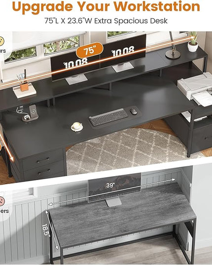 SEDETA 75'' Computer Desk with 5 Drawer, Power Outlet & Led Lights, Home Office Desk with File Drawer, Storage Shelves, Printer Cabinet and Monitor Shelf, 23.6" W Large Desktop Gaming Desk, Black