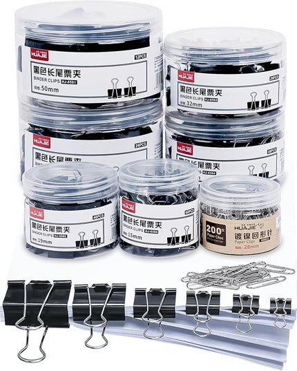 Binder Clips & Paper Clips Combo, 208 PCS Binder Clips (6 Sizes) + 200 PCS Paper Clips – Black for Office, Home & School Supplie (Black)