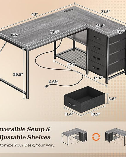 PRAISUN 43.3" Small Computer Desk with Power Outlets and USB-C Port, Reversible L Shaped Corner Office Desk with 4 Fabric Drawers and 2 Height-Adjustable Shelves, for Gaming Writing, Grey
