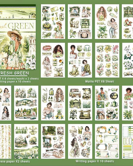 Snycler Sticker Book - 20 Sheets Vintage PET Stickers for Scrapbooking, Junk Journaling, Ephemera, and Decorative Crafts-Fresh Green