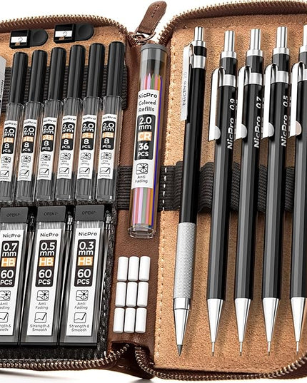 Nicpro 29PCS Black Metal Mechanical Pencil Set in Leather Case, 0.3, 0.5, 0.7, 0.9 & 2mm Lead Pencil Holder, (6B 4B 2B HB 2H 4H) Lead Refills (Black & Colors), Eraser For Art Drafting Sketching