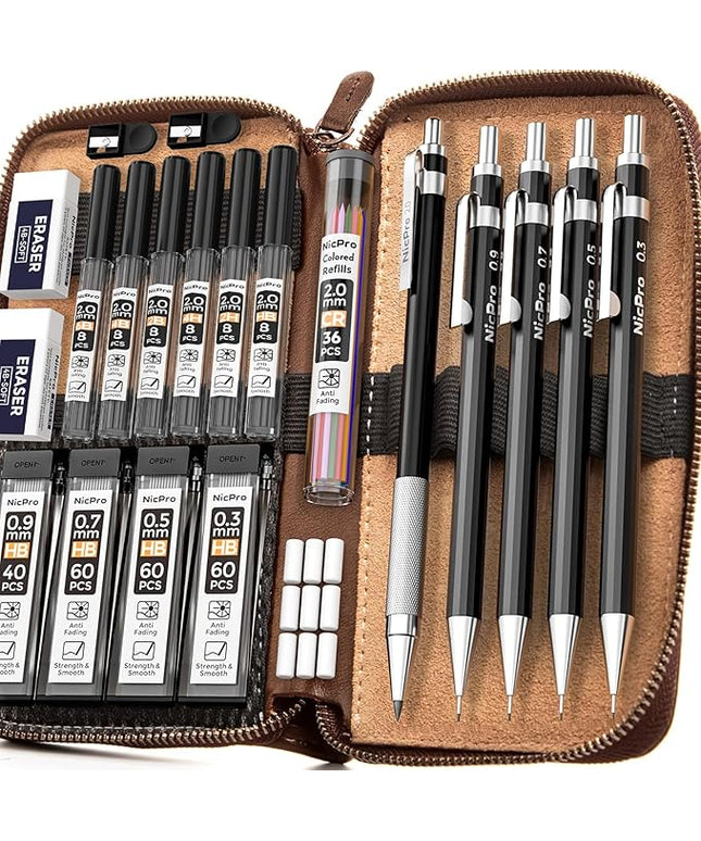 Nicpro 29PCS Black Metal Mechanical Pencil Set in Leather Case, 0.3, 0.5, 0.7, 0.9 & 2mm Lead Pencil Holder, (6B 4B 2B HB 2H 4H) Lead Refills (Black & Colors), Eraser For Art Drafting Sketching