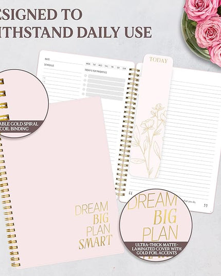 Decorably 168 Pages Daily Planner Undated Notebook with Hourly Schedule - 6.3x9.3in Gold Spring-Bound, with Top Priorities, to-dos, Notes, Ideas & Inspirational Quotes - Home, School, Office