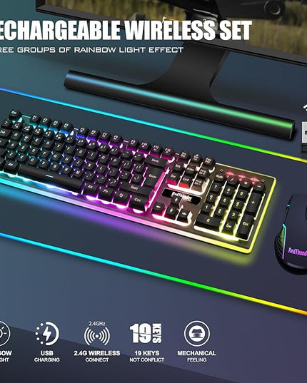 RedThunder K10 Wireless Gaming Keyboard and Mouse Combo, LED Backlit Rechargeable 3800mAh Battery, Mechanical Feel Anti-ghosting Keyboard + 7D 3200DPI Mice for PC Gamer (Black)