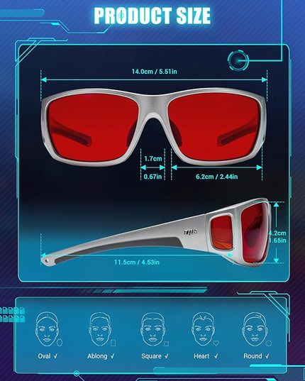 TIJN Sonia Sleep Glasses for Blue & Green Light Blocking,Red Lens with Dual AR Coating,Wraparound Frame for Gaming Screen