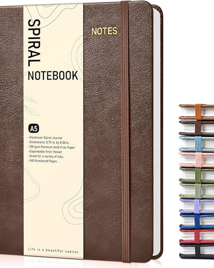 Dotted Spiral Journal Notebook, A5 Hardcover Spiral Journals for Women Men, 100 GSM Dot Grid Paper Notebooks, 150 Pages Spiral Bullet Dotted Notebook for Writing Note Taking 5.75" x 8.38", Dark Brown