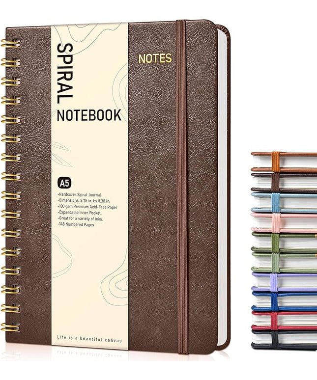 Dotted Spiral Journal Notebook, A5 Hardcover Spiral Journals for Women Men, 100 GSM Dot Grid Paper Notebooks, 150 Pages Spiral Bullet Dotted Notebook for Writing Note Taking 5.75" x 8.38", Dark Brown