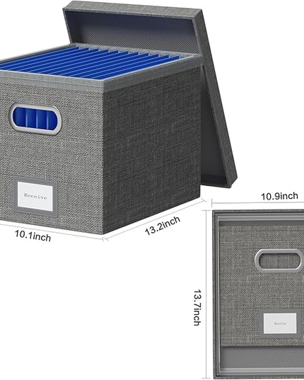 File Organizer Box - File Boxes for Hanging Files with Lid Set of 3 Decorative Hanging Folders Organizer with One-Piece Plastic Frame Slides (Grey, 13.2 * 10.1 * 10.1in(3Pack))