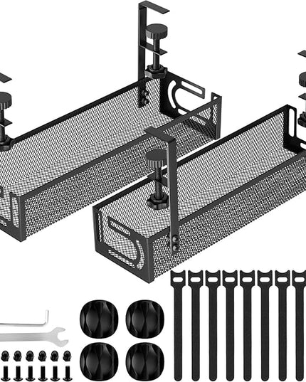 Cable Management, 2 Pack Cable Management Under Desk No Drill, Metal Cord Organizer with Clamp for Standing Desk, Cable Organizer for Home Office, Black