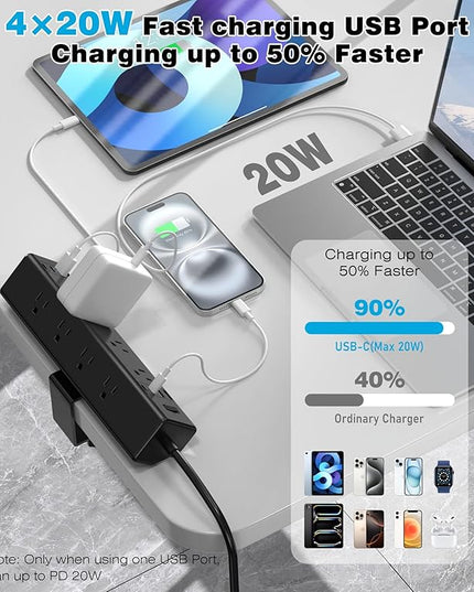 40W Fast Charging Station,Desk Clamp Power Strip,4 USB-C Ports & 8 AC Outlets,Desktop Edge Mount Surge Protector Power Strip,14AWG Heavy Duty Cord,Fit 1.9" Tabletop Edge for Home Office(10Ft Cable)
