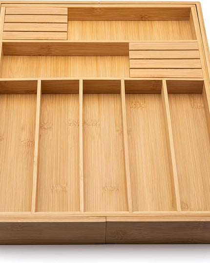 Bamboo Drawer Organizer with Knife Blocks - Silverware Organizer & Utensil Drawer Organizer, Cutlery Tray with Dividers, 7-9 Slots- Premium Kitchen Organizer for Utensils & Flatware (Natural)