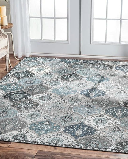 Lahome Moroccan Washable Area Rug 6x9, Ultra-Thin Large Living Room Rugs for Bedroom, Oriental Trellis Distressed Non Shedding Throw Carpet for Dining Room Office, Blue