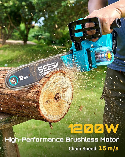SEESII Electric Chainsaw Cordless 12-inch, Handheld Chain Saws with a 4.0Ah Battery, Tree Saw with Tool-free Chain Tension, Auto Oiling for Wood Cutting Trimming Branch