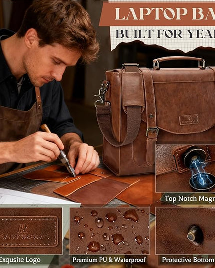 RAINSMORE Flap Messenger Bag for Men Vintage PU Leather Laptop Bag 15.6 Inch Retro Briefcase with Wallet Satchel Computer Bag