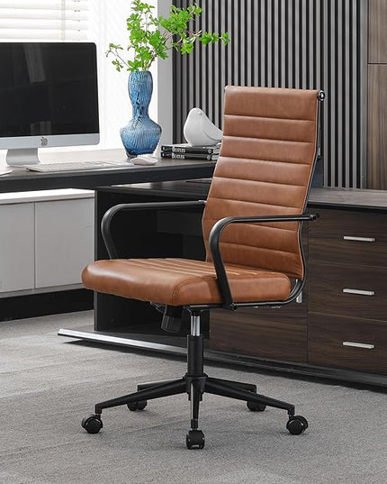 Okeysen Leather Office Desk Chair, Mid-Century Modern Leather Conference Room Chairs, Ergonomic Executive Ribbed Height Adjustable Swivel Rolling Chair for Home Office.