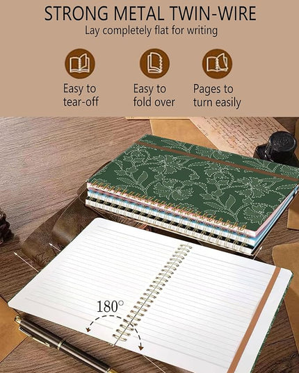 Spiral Journal Notebook, A5 Cute Notebooks for Women Men, College Ruled Hardcover Notebook for Work & Note Taking, 60 Pages Double-Wire Journals for Writing, Green Paisley Flowers