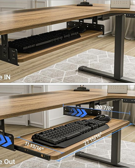 EUREKA ERGONOMIC Adjustable Keyboard Tray Under Desk, 28x11 Inch Large Slide Out Keyboard & Mouse Platform Tray, Wooden Pull Out Computer Keyboard Drawer for Typing Home Office Desk, Walnut