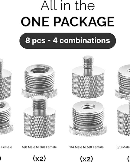 IXTECH Mic Stand Adapter Set 8 pieces Metal Microphone Stand Screw Thread Adapter 5/8 Female to 3/8 Male 3/8 Female to 5/8 Male 5/8 Female to 1/4 Male 1/4 Female to 5/8 Male Tripod Adapter ADP01A Slvr