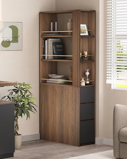 Bookcase with 3 Drawers and Storage Shelves, 71''Tall Corner Bookshelf with 3 Tier Open Double-Sided Design, Multi Functional Organizer, Wood Bookshelves for Home/Office, Black Walnut