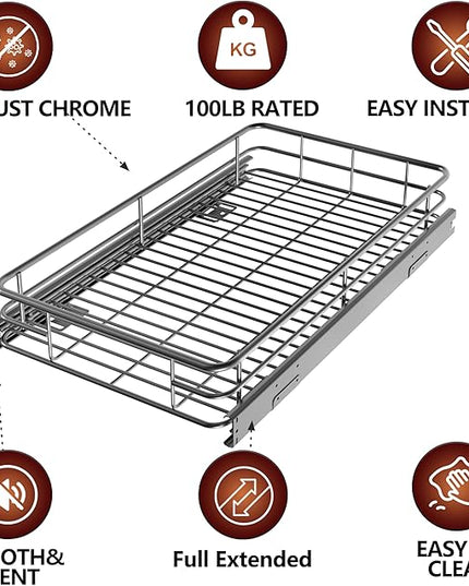 JOWBOOW Sliding Cabinet Organizer Pull Out Shelves (11" W x 21" D), Heavy-Duty Slide Out Shelf, Steel Metal Cabinet Roll Out Shelves for Kitchen Bathroom, Chrome